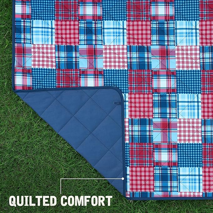 Weatherproof Vintage Waterproof Outdoor Blanket- Blue and Red Roll Up Throw Blanket with Handle Velcro Closure - Camping Supplies Travel Blanket for Beach Picnic &amp Events 60x72 (Madras)