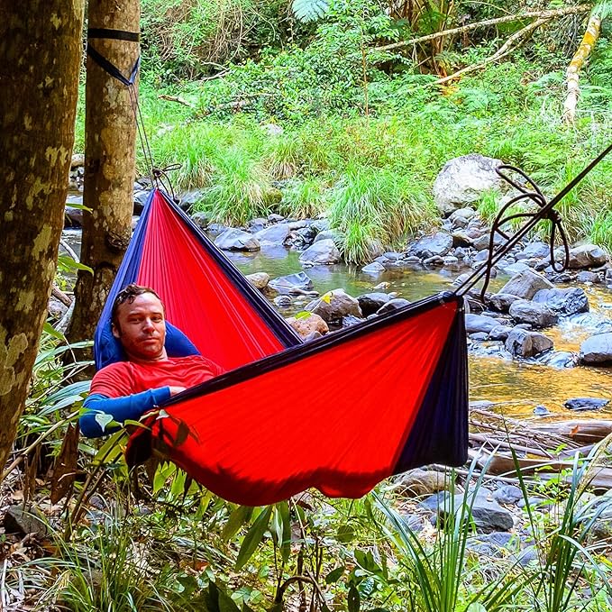 Hammock Bliss Single - Camping Hammock - Camping Essentials Portable Hammock - The Longest Single Hammock On Earth for Outside Hiking and Travel (Navy/Red)