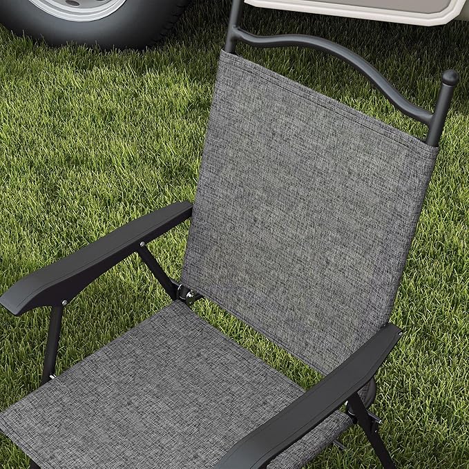 Outsunny Folding Patio Chairs Set of 4 Sports Chairs for Adults Camping Chairs with Armrests Breathable Mesh Fabric Seat for Lawn Gray