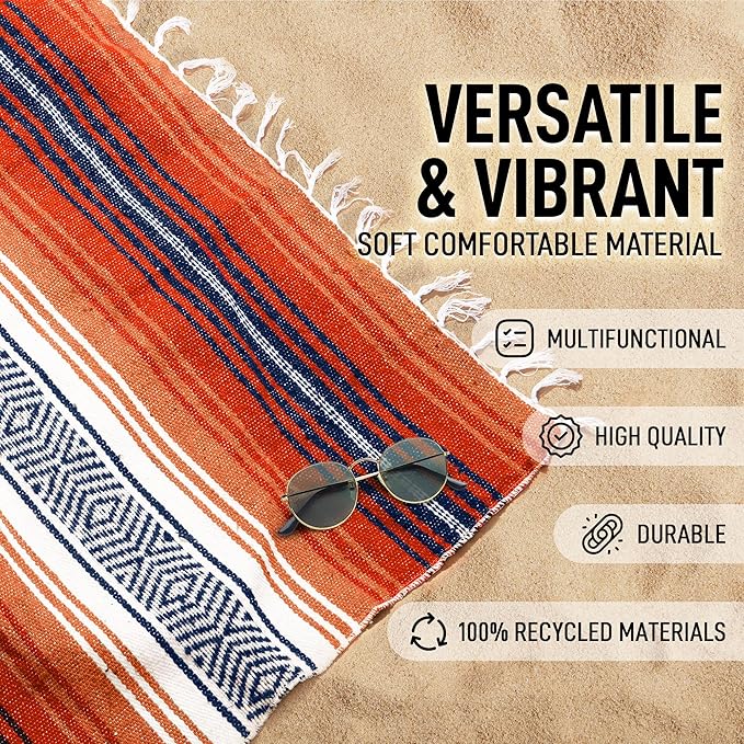 Authentic Large Handwoven Mexican Blanket - Soft Yoga- Durable Serape- Lightweight Falsa Beach Camping Picnic Outdoor Blanket 70x50 - Orange Gold
