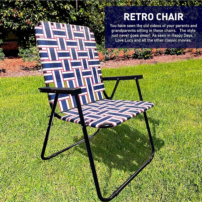Lawn Chair Folding Steel Webbing Chaise Patio Lounger Seat Wood Handles Great for Camping Beach Fishing Backyard Stadium Pool Boating and Sports 2 Pack Blue/Red