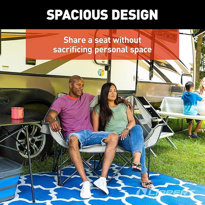 Lippert Campfire Folding Loveseat with 500-lb. Weight Capacity Carry Bag Durable Mesh Fabrics High-Loft Cushioning Storage Pocket Dual Cupholders Stemmed Wine Glass Holder (Sand) - 2021000205