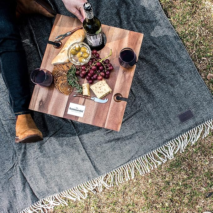 Komorebi Extra Large Picnic Blanket - 78” x 59” – Waterproof Outdoor Blanket Foldable &amp Portable Sandproof Beach Blanket – Grey Travel Mat with Faux Wool &amp Carry Handle