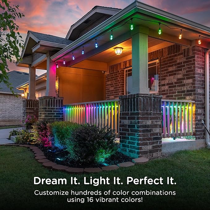 Enbrighten Vintage Outdoor String Lights 24ft 12 RGB Acrylic Bulbs Weatherproof RF Remote Control Perfect for Holidays Gameday Parties and More 37791