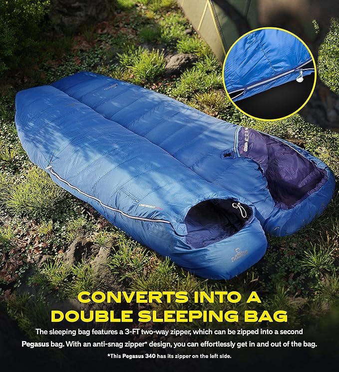 NOMAD Pegasus 340 Lightweight 3-Season Mummy Sleeping Bag with 3D Polardown Zips to Double Bag 675g for Camping