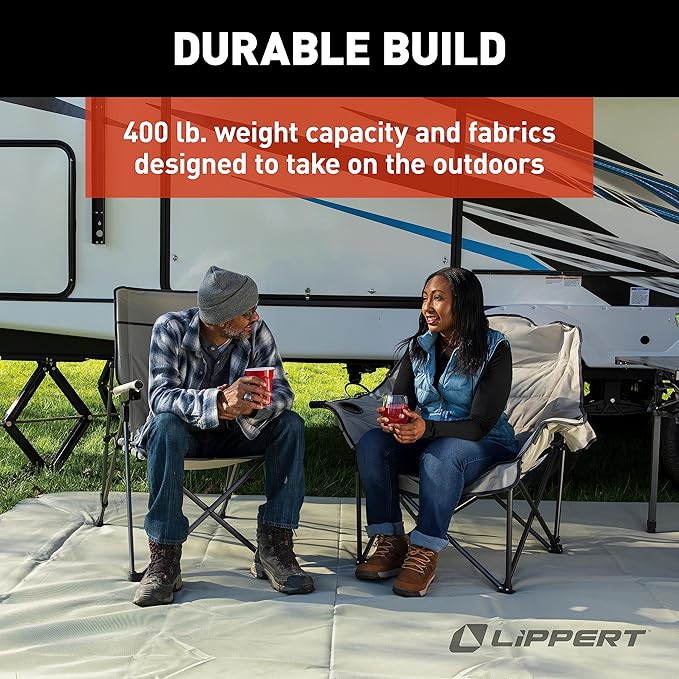 Lippert Big Bear Club Camping Chair - Sand Comfortable Foldable Chair Oversized Pillow Cushions Dual Cupholders Powder Coated Steel 600D Polyester Fabric 400 lb. Capacity 2022114813