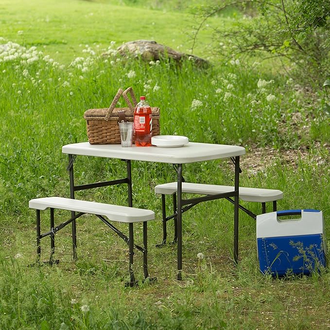 LIFETIME 80373 Portable Folding Camping RV Picnic Table and Bench Set Almond