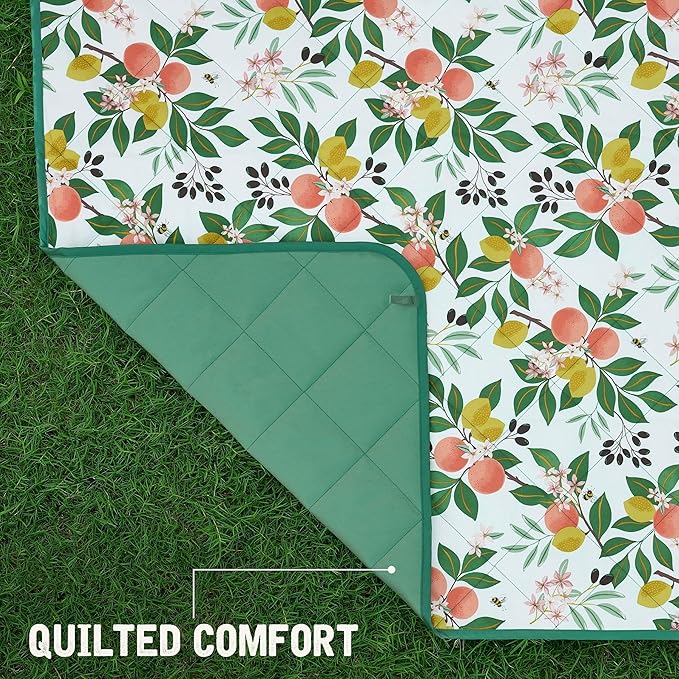 Weatherproof Vintage Waterproof Outdoor Blanket- Green Roll Up Throw Blanket with Handle Velcro Closure - Camping Supplies Travel Blanket for Beach Picnic &amp Events 60x72 (Lemon Grove)