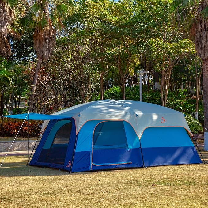 KTT Extra Large Tent 10-12-14 Person(Style-B)Family Cabin Tents2 Rooms3 Doors and 3 Windows with MeshStraight WallWaterproofDouble LayerBig Tent for OutdoorPicnicCampingFamily Gathering