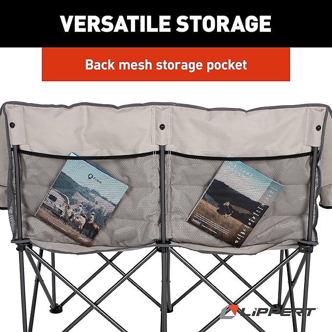 Lippert Campfire Folding Loveseat with 500-lb. Weight Capacity Carry Bag Durable Mesh Fabrics High-Loft Cushioning Storage Pocket Dual Cupholders Stemmed Wine Glass Holder (Sand) - 2021000205