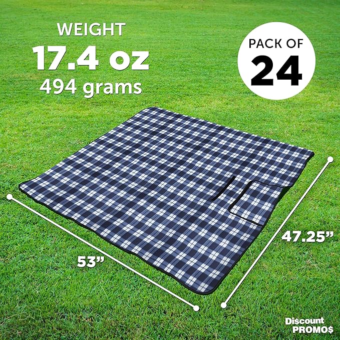 DISCOUNT PROMOS 24 Brookhaven Roll Up Picnic Blankets Set - Customizable Text Logo - Fleece Woven Handle - Navy Blue