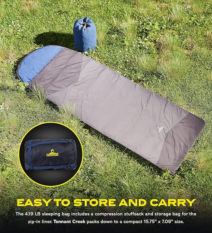 NOMAD Tennant Creek Sleeping Bag for 3 Seasons Spring Summer and Autumn - Water-Resistant Sleep Sack with Compression Stuffsack and Storage Bag for Campers and Backpackers (Phantom)