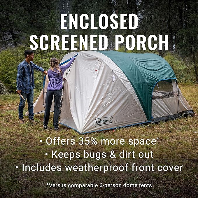 Coleman Cabin Camping Tent with Screened Porch 4/6 Person Weatherproof Tent with Enclosed Screened Porch Option Includes Rainfly Carry Bag Extra Storage and 10 Minute Setup