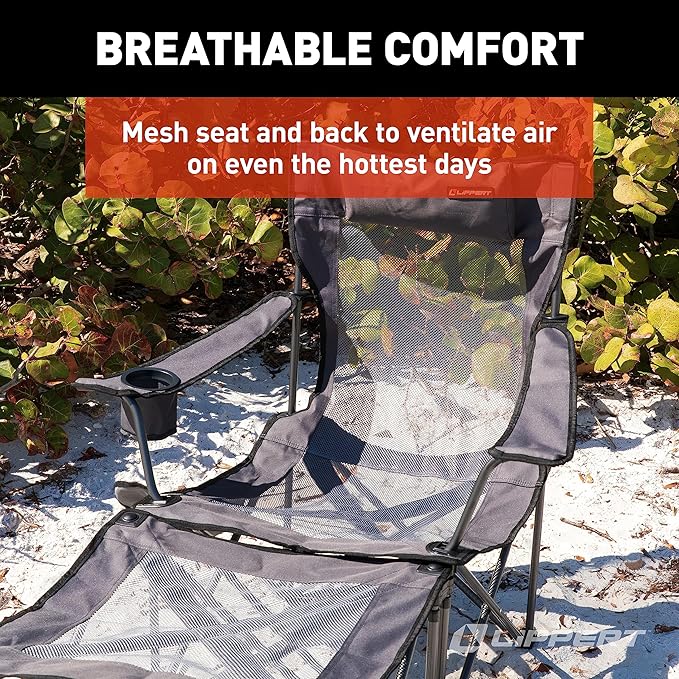 Lippert Sun Soaker Two-Position Vented Reclining Camping Chair with Footrest 600D Polyester Fabric Mesh Back/Seat Padded Headrest Cupholder 250-lb. Weight Capacity Dark Grey Color - 2022114830