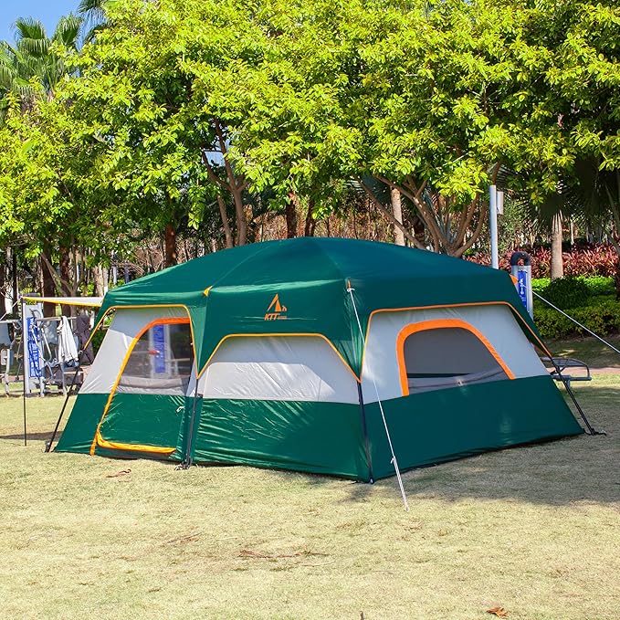 KTT Extra Large Tent 10-12-14 Person(A)Family Cabin Tents2 Rooms3 Doors and 3 Windows with MeshStraight WallWaterproofDouble LayerBig Tent for OutdoorPicnicCampingFamily Gathering