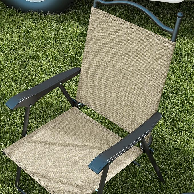 Folding Patio Chairs Set of 4 Sports Chairs for Adults Camping Chairs with Armrests Breathable Mesh Fabric Seat for Lawn Beige