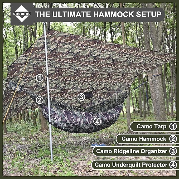 Onewind 12×10 ft Camo Camping Tarp Billow Tarp Shelter Lightweight Waterproof Hammock Rainfly for Stealth Camping Army Military Bushcraft Easy to Setup with Tent Pegs and Guyline Camouflage