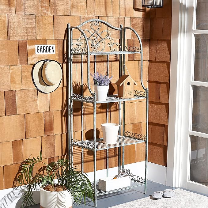 SAFAVIEH Outdoor Collection Amaris Victorian Antique Dark Green Wrought Iron 4-Tier Baker's Rack