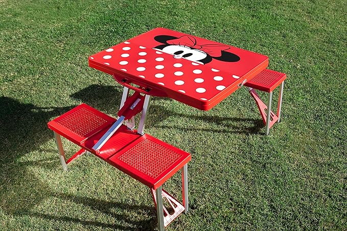 PICNIC TIME Disney Minnie Mouse Folding Picnic Table with Seats Collapsible Aluminum Table and Bench Set with Umbrella Hole Lightweight Portable Table for Camping TravelTailgating Backyard (Red)
