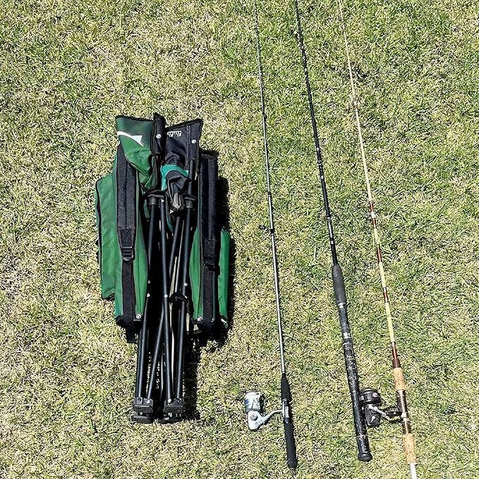 EASYGO PRODUCTS Fishing Chair with Rod Holder – Built in Cooler – Hands Free Fishing Pole Holder - Storage Pouch – Full Size Portable &amp Folding – Ruler for Measuring Fish Fishing Chair Green